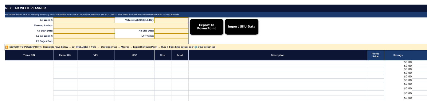 Ad Week Planner left side: ad header fields, Export To PowerPoint and Import SKU Data buttons, and item columns Trans RIN to Call Out